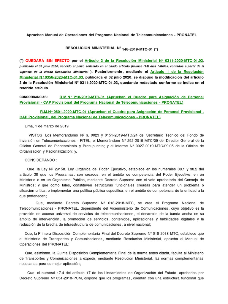RM 146-2019-MTC-01 | PDF | Telecomunicaciones | Gobierno
