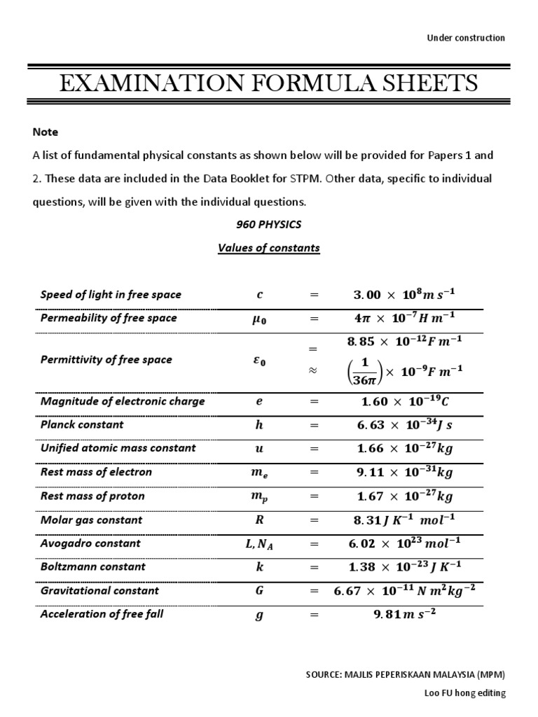 Stpm Physics Formulas And Constants