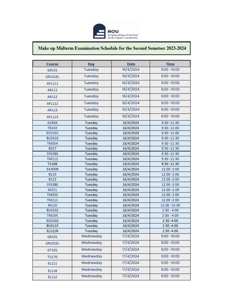 Make Up MTA Examination Schedule Second 20232024 PDF