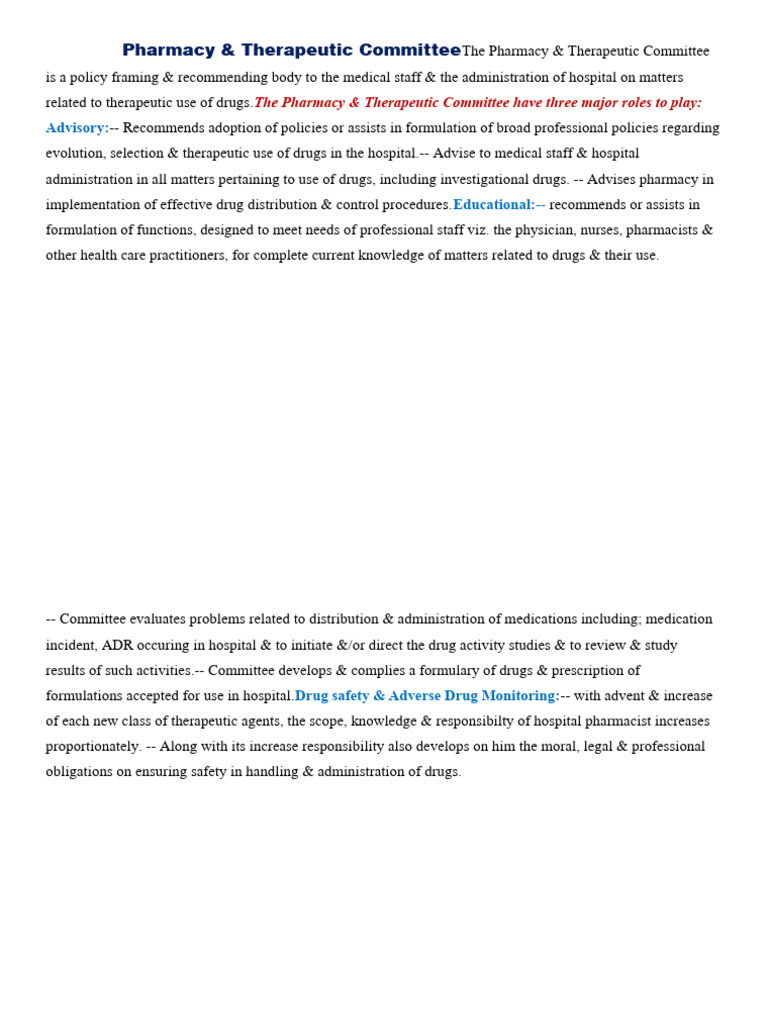 Pharmacy & Therapeutic Committee Roles | PDF | Pharmacy | Medical ...