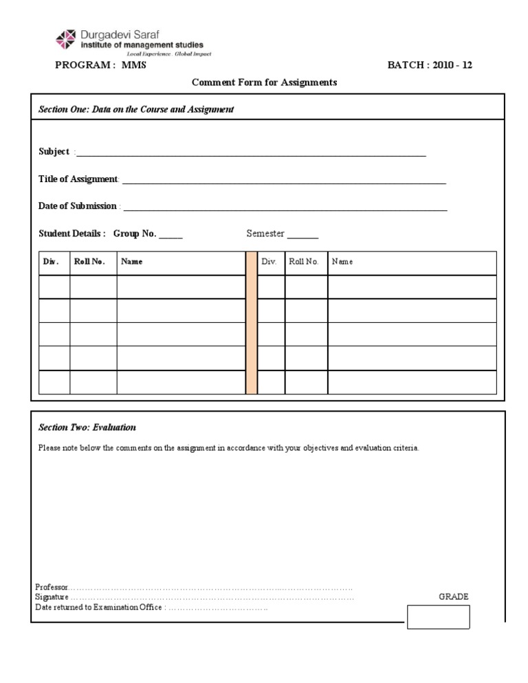 MMS Assignment Comment Form | PDF | Business | Career & Growth