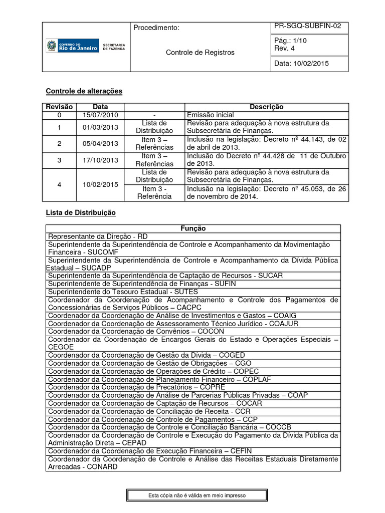 Controle de Registros da SUBFIN | PDF | Armazenamento de dados de ...