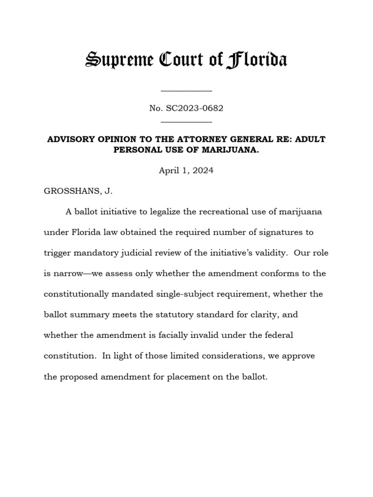 Florida Supreme Court Ruling on Marijuana Initiative | PDF | Fourteenth ...