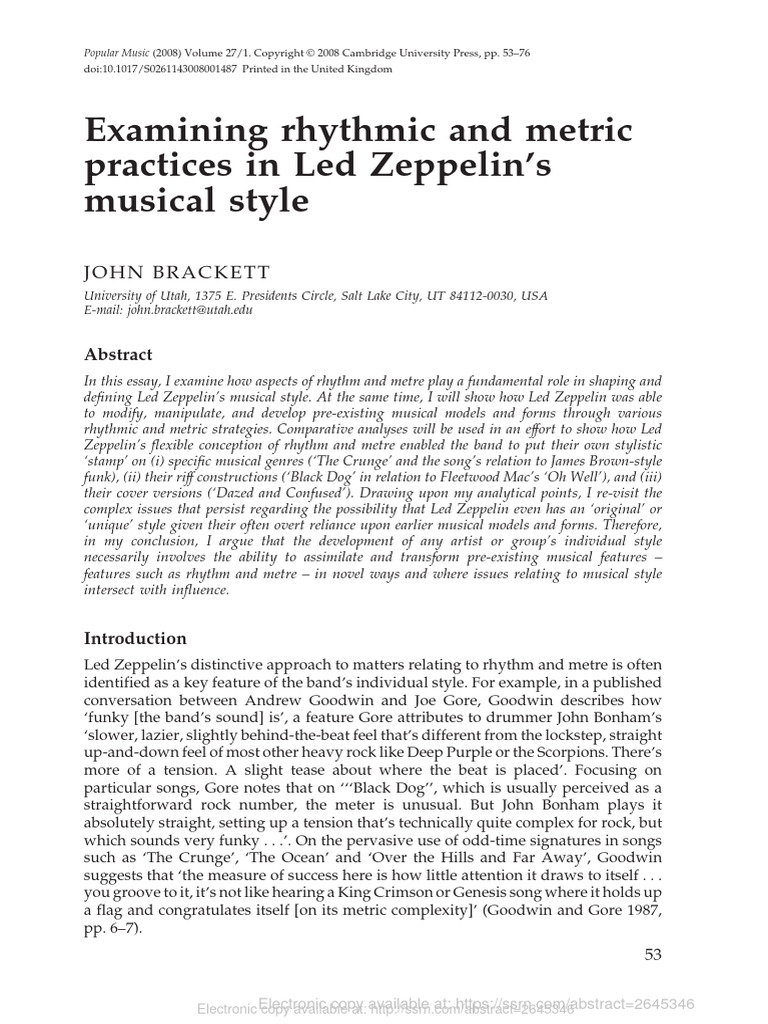Examining Rhythmic and Metric Practices in Led Zeppelin's Musical Style ...