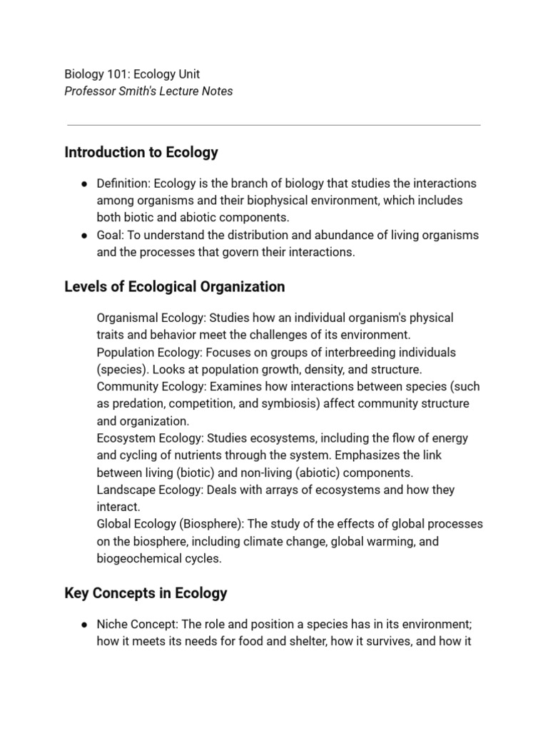 Ecology Unit Overview and Concepts | PDF | Ecology | Ecosystem
