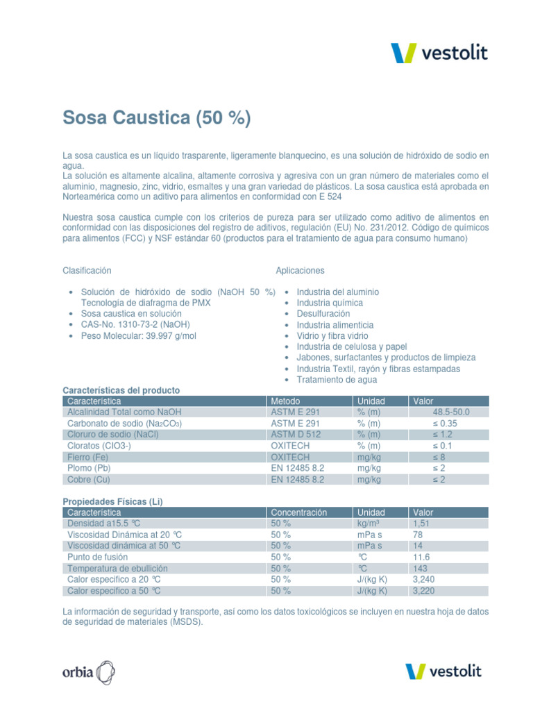 Hoja Tecnica Sosa Caustica | PDF | Hidróxido de sodio | Química