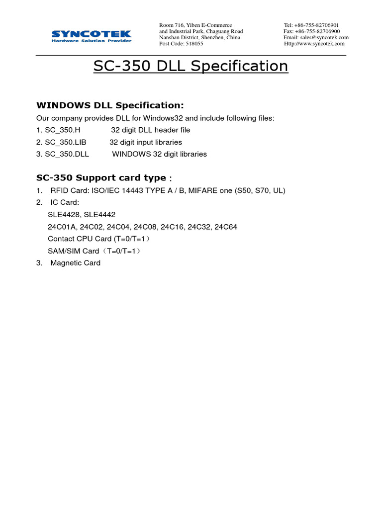 SC-350 DLL Specification | PDF | Smart Card | Parameter (Computer ...