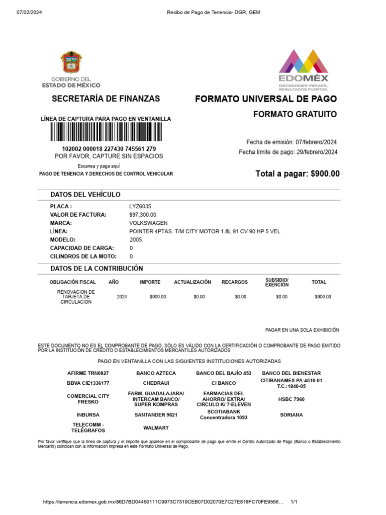 Recibo de Tenencia Vehicular 2024 | PDF | Bancario
