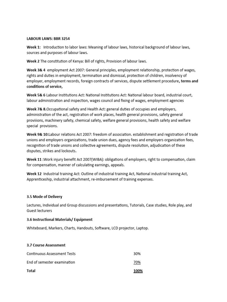 Labour Law Course Outline PDF Labour Law Employment