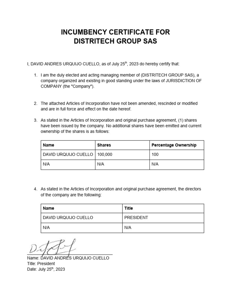 Certificate of Incumbency PDF