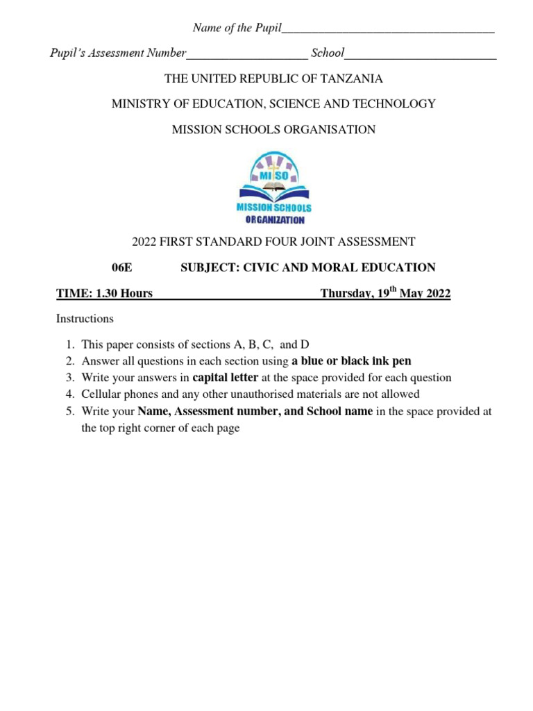 2022 First STD 4 Miso Joint Assessment | PDF | Foods | Tanzania