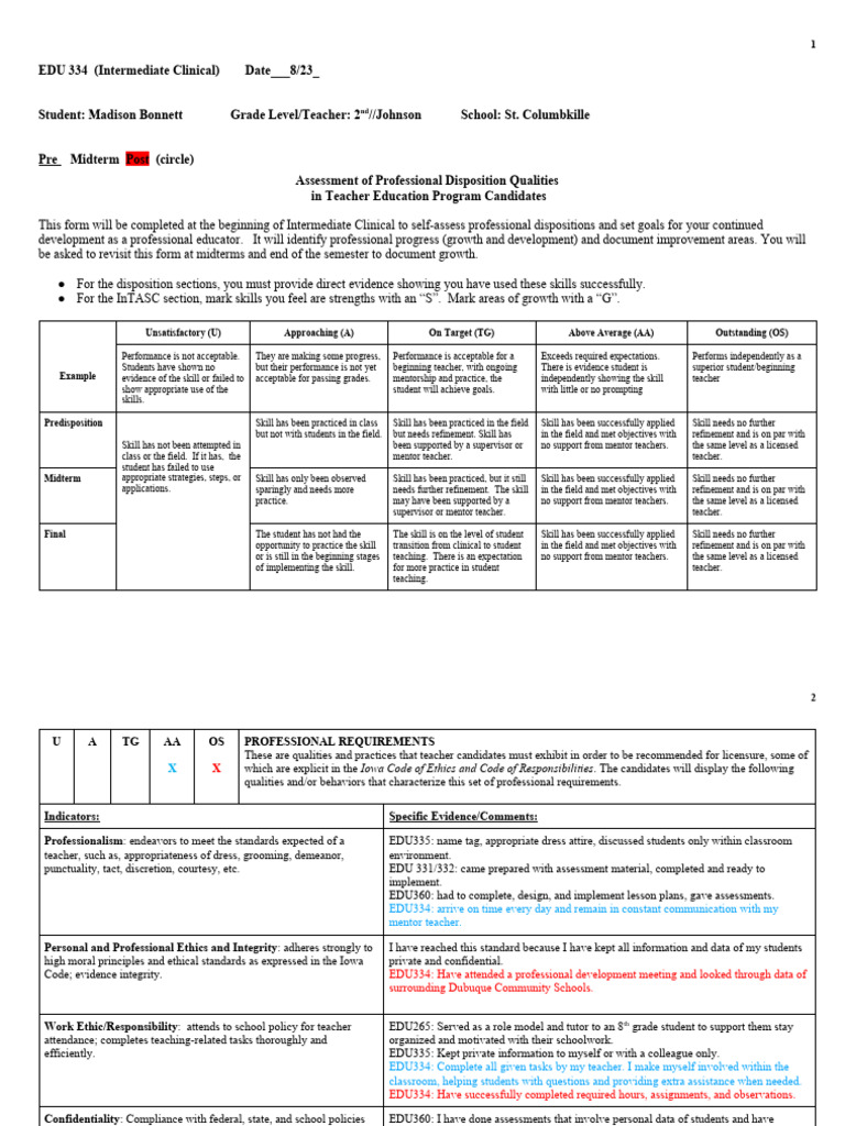 Edu334 - Final Dispositions Intasc Form | PDF | Learning | Teachers