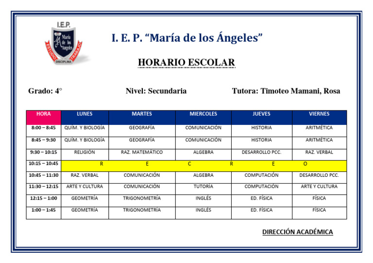 Horario de Clases 4° Secundaria | PDF