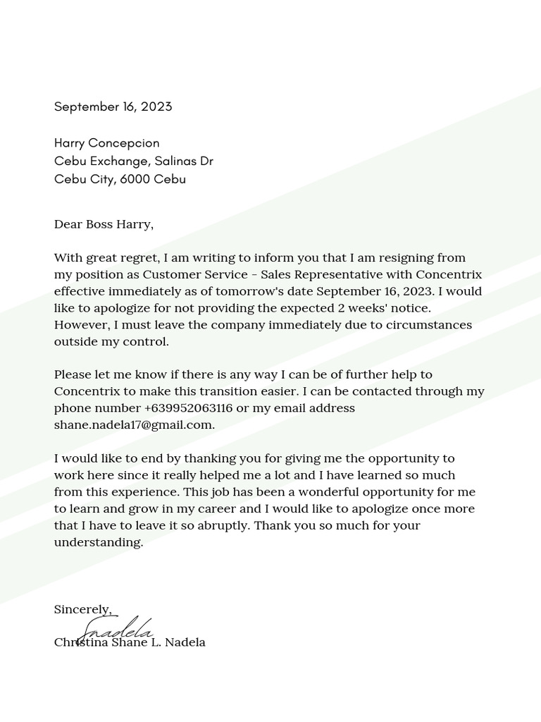 Resignation Letter - Nadela, Christina Shane L. | PDF
