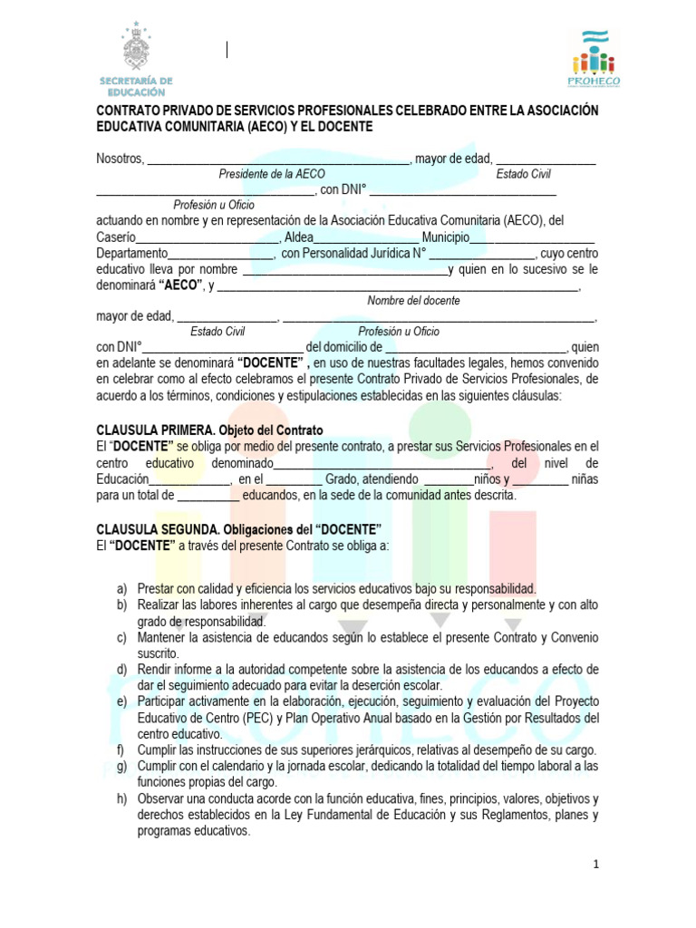 Contrato Docente en PROHECO Honduras | PDF | Evaluación | Honduras