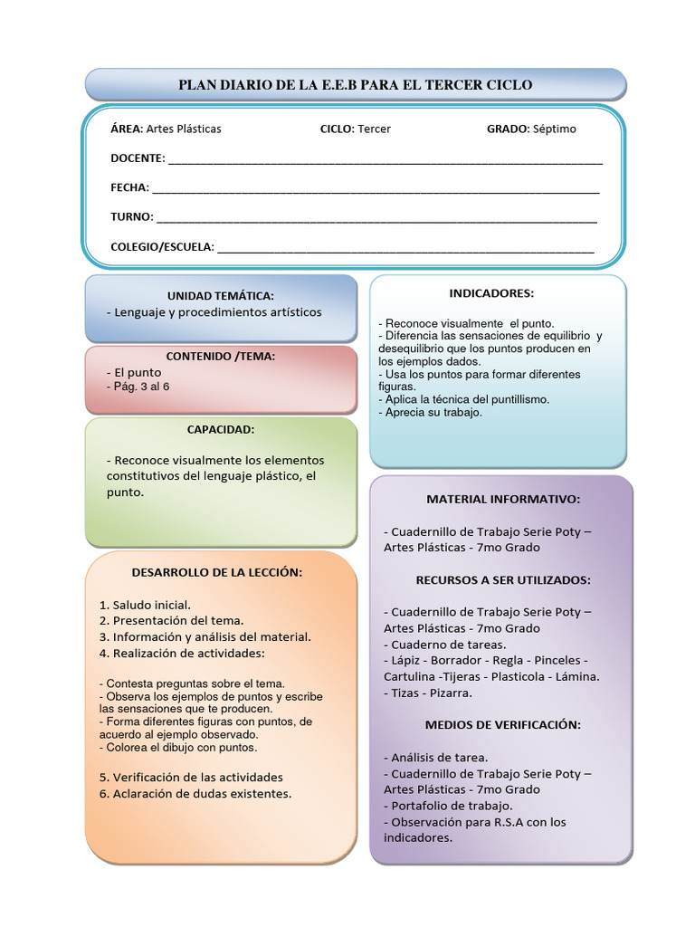 Plan Diario de Artes Plásticas 7mo Grado | PDF | Pinturas | Dibujo
