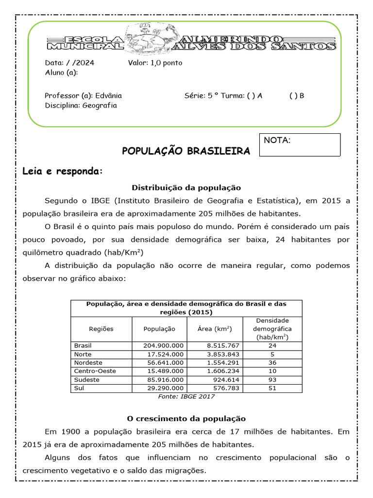Atividade de Geografia Populacao Brasileira 5 Ano | PDF | População ...
