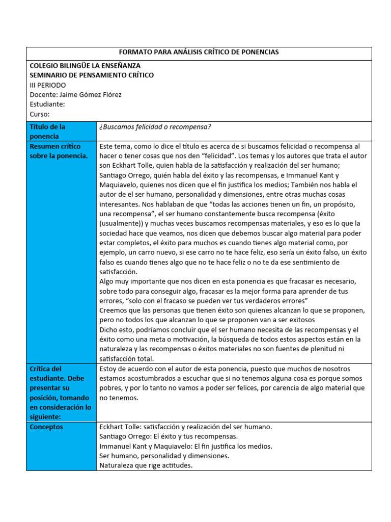 Formato para Análisis Crítico de Ponencias | PDF | Immanuel Kant ...