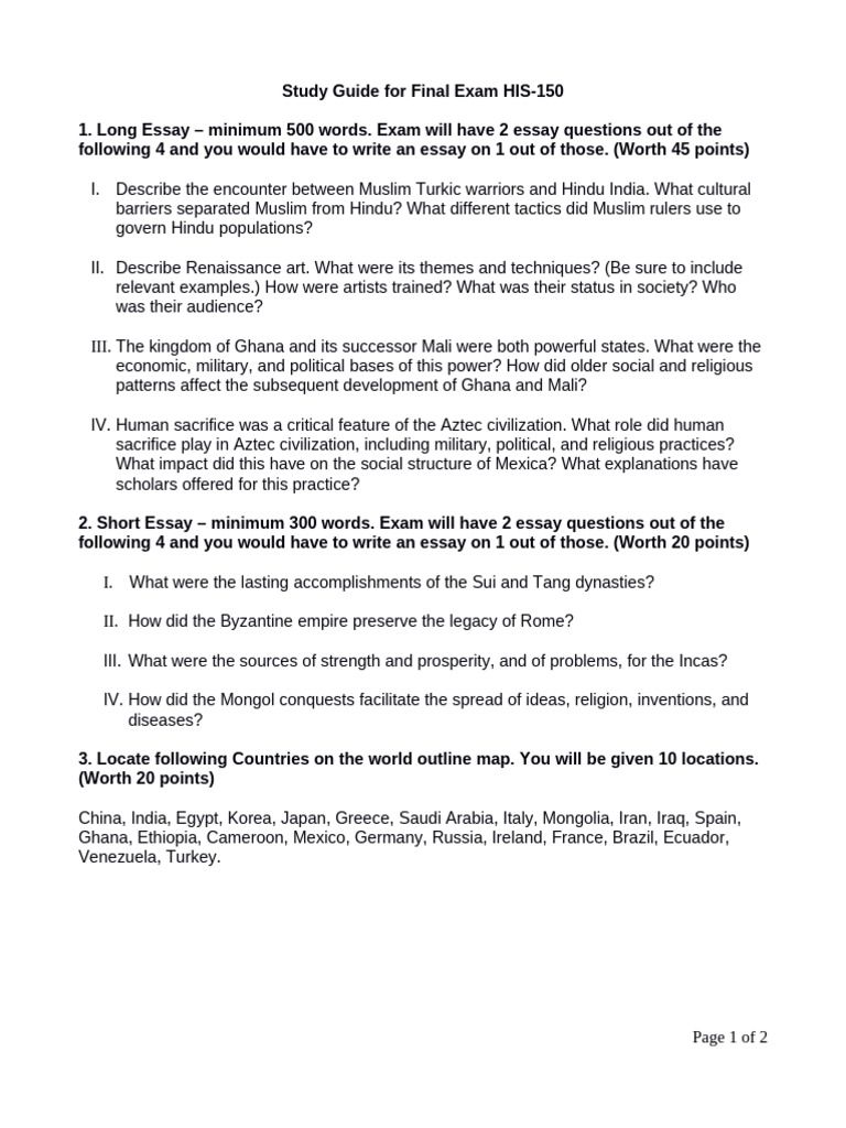 Final Exam Study Guide for HIS-150 | PDF | Tang Dynasty