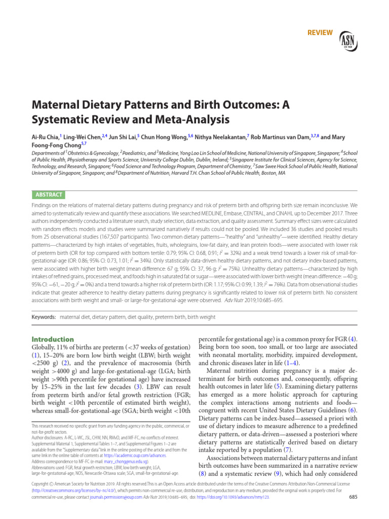 Maternal Dietary Patterns and Birth Outcomes - A Systematic Review and ...