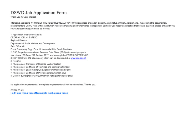 DSWD Job Application Form | PDF