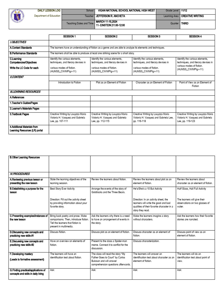 Creative Writing Lesson Plan for Grades 11-12 | PDF | Learning ...