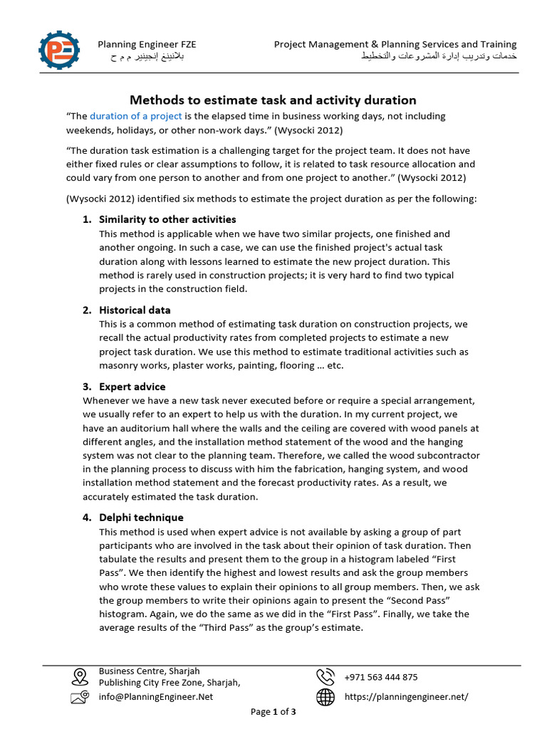 Task Duration Estimation Methods | PDF | Project Management