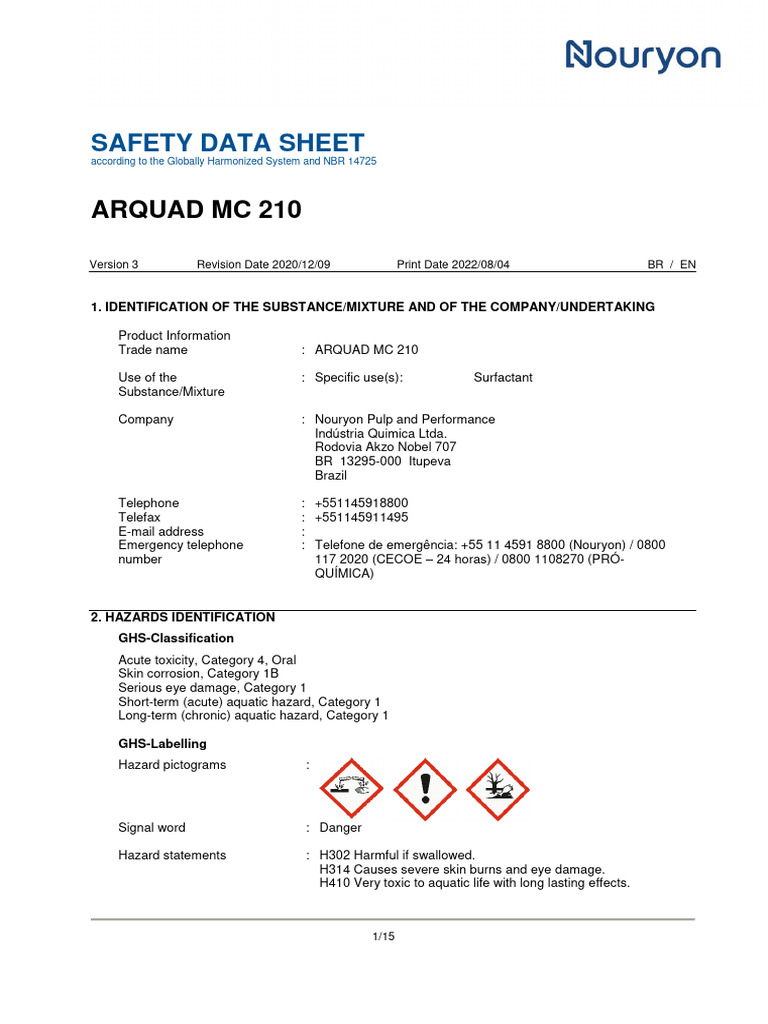 Arquad MC 210 Safety Data Sheet | PDF | Dangerous Goods | Toxicity