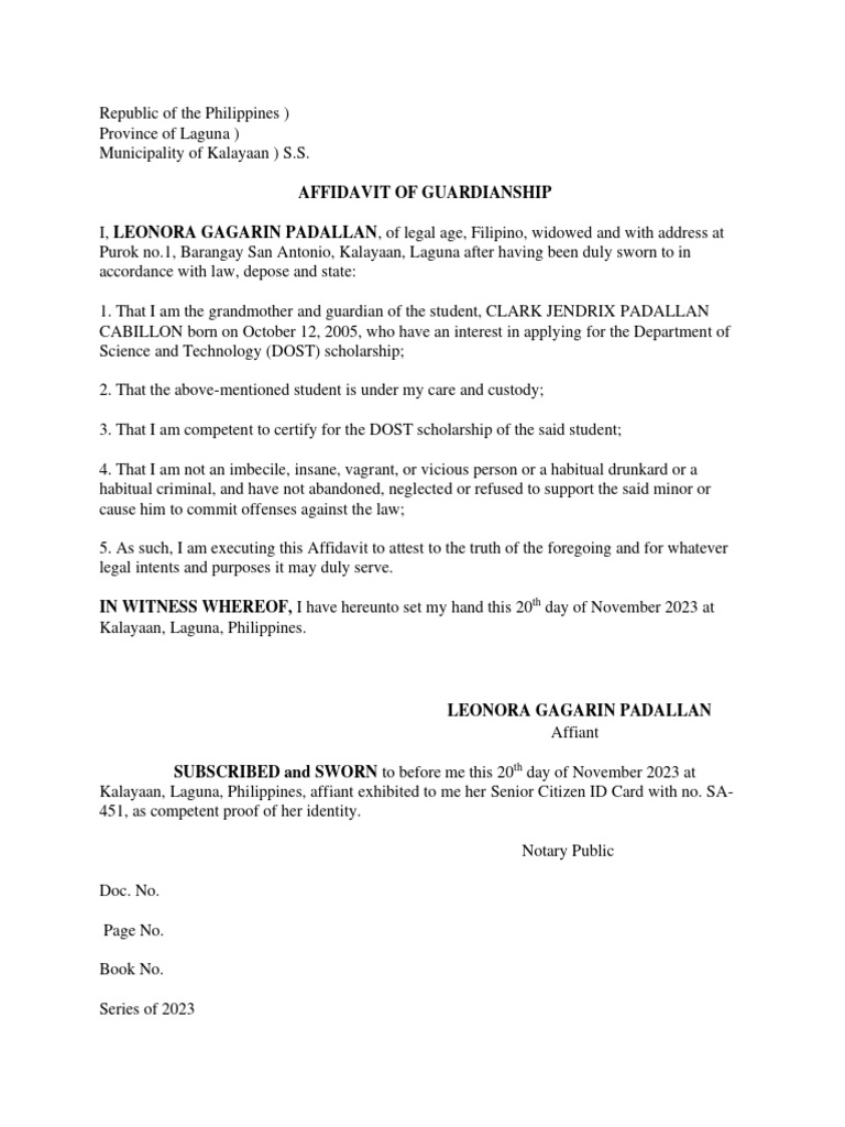 Affidavit of Guardianship for Scholarship | PDF