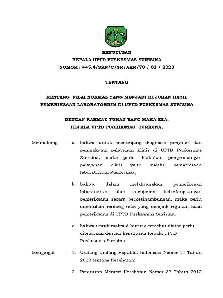 3 9 1 2 sk nilai normal pemeriksaan laboratorium pkm surisina pdf