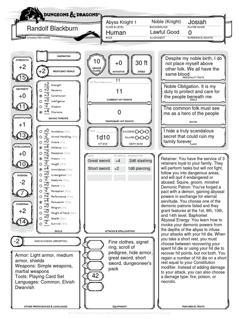 Abyss Knight Character Sheet | PDF
