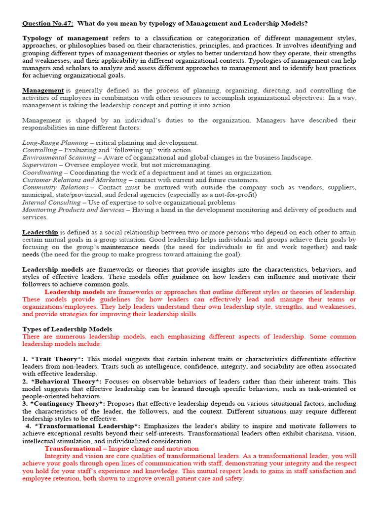 Management and Leadership Models Explained | PDF | Leadership ...