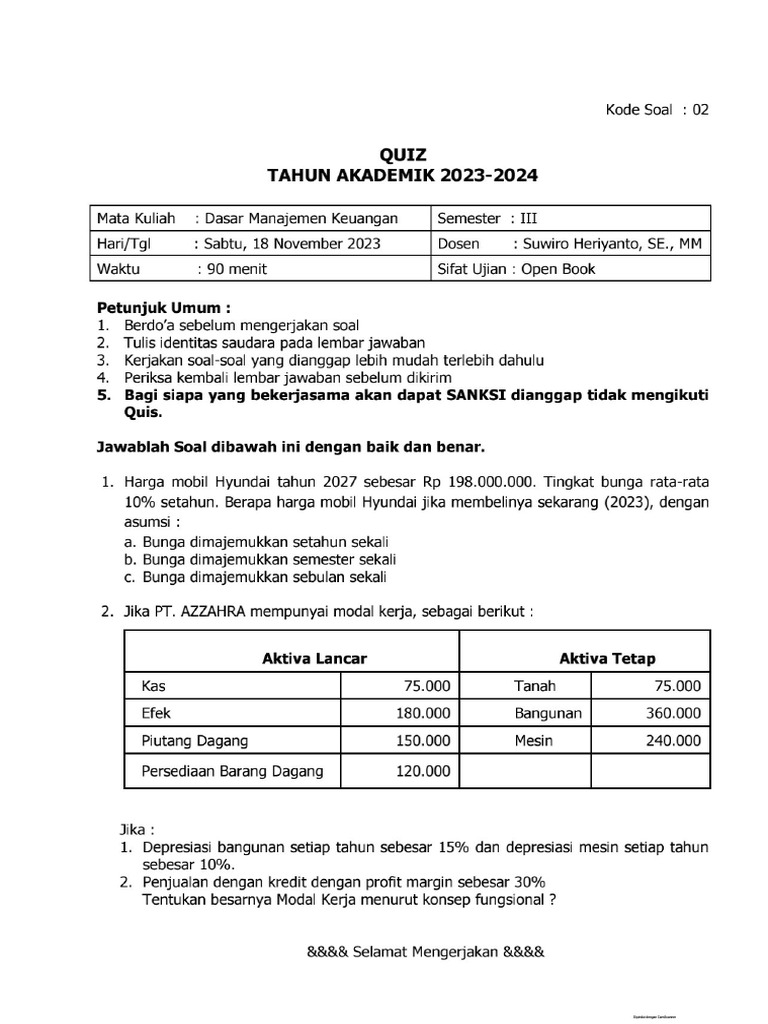 QUIS Dasar Manajemen Keuangan | PDF
