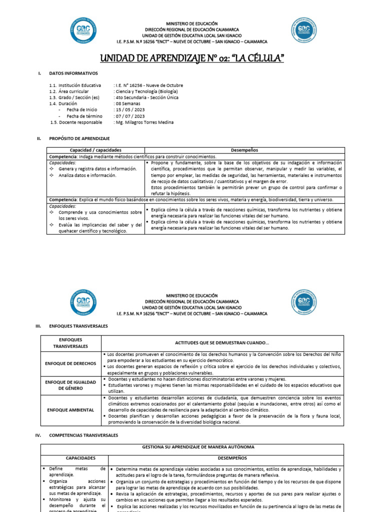 Unidad de Aprendizaje: La Célula 4to Sec. | PDF | Aprendizaje | Maestros