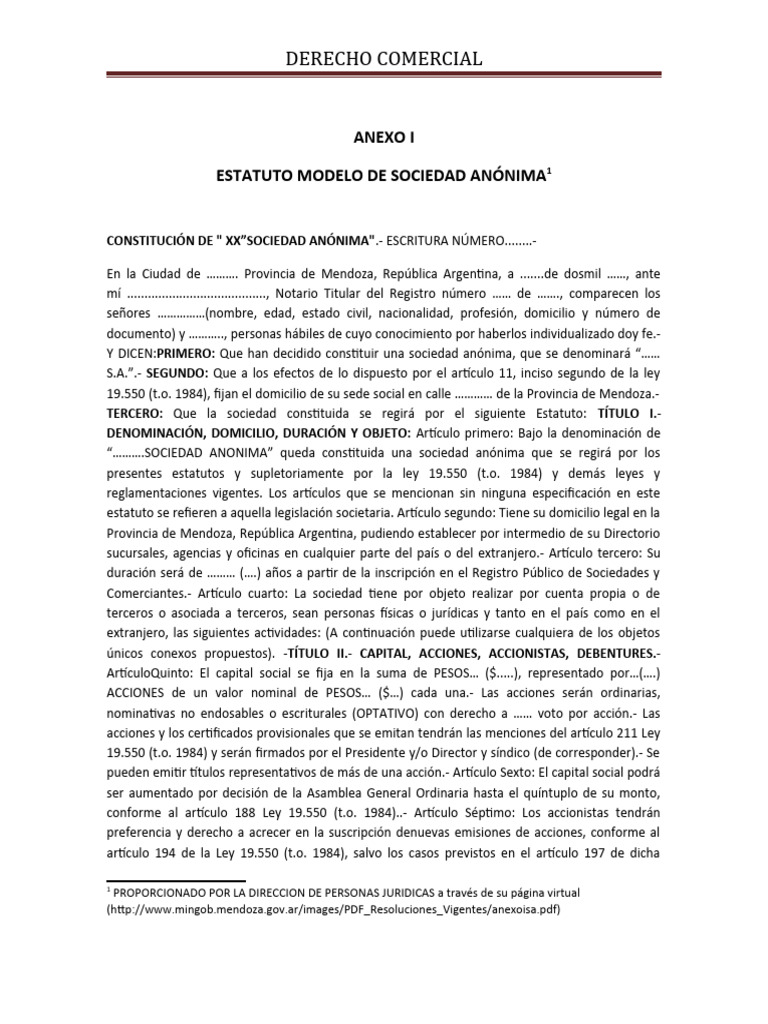 ANEXO I. Modelo Estatuto S.A. | Descargar gratis PDF | Gobierno