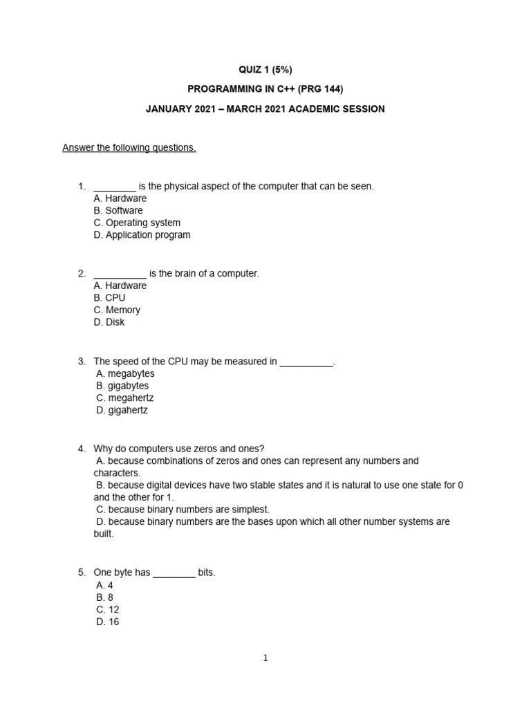 Quiz 1 C++ | PDF | C++ | Programming