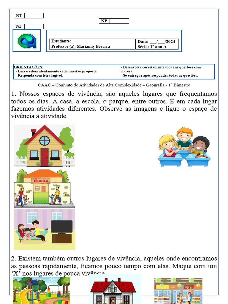 Atividades de Geografia: Lugares de Vivência 1º Ano | PDF