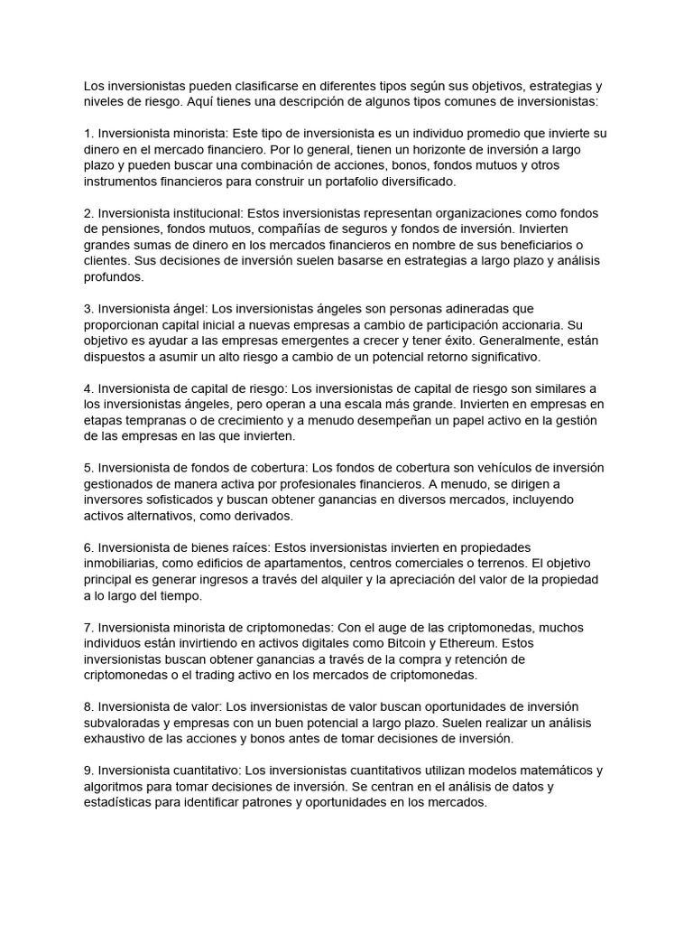 Tipos de Inversionistas Financieros | PDF | Fondo de inversión ...