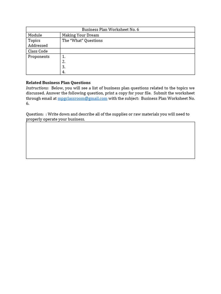 Business Plan Worksheet No 6 | PDF