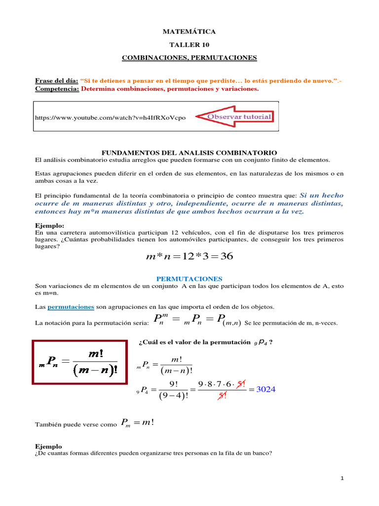 Taller de Combinaciones y Permutaciones | PDF | Combinatoria | Permutación