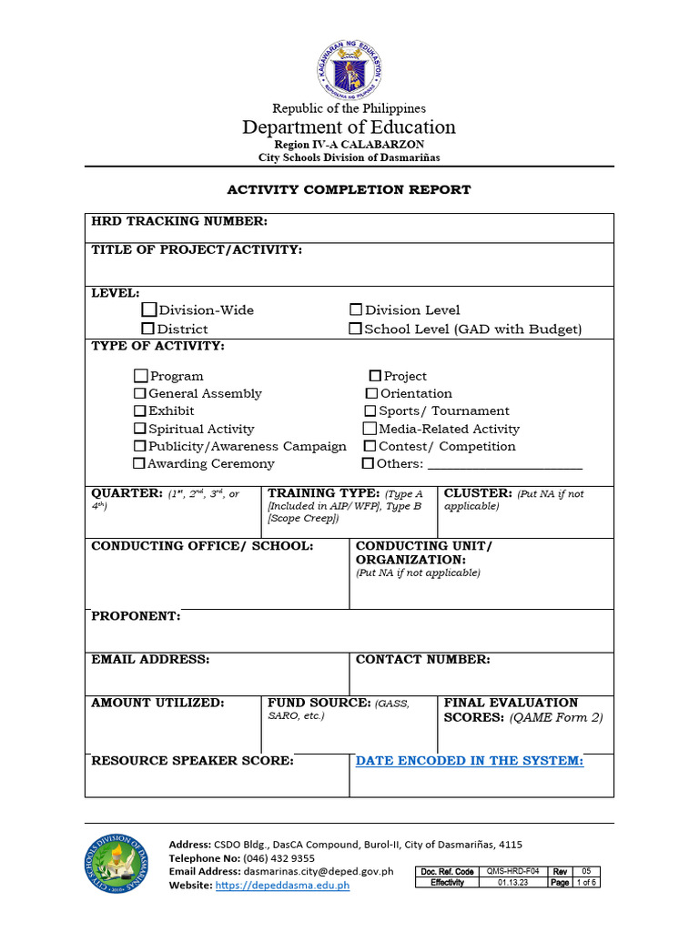Activity Completion Report Template | PDF