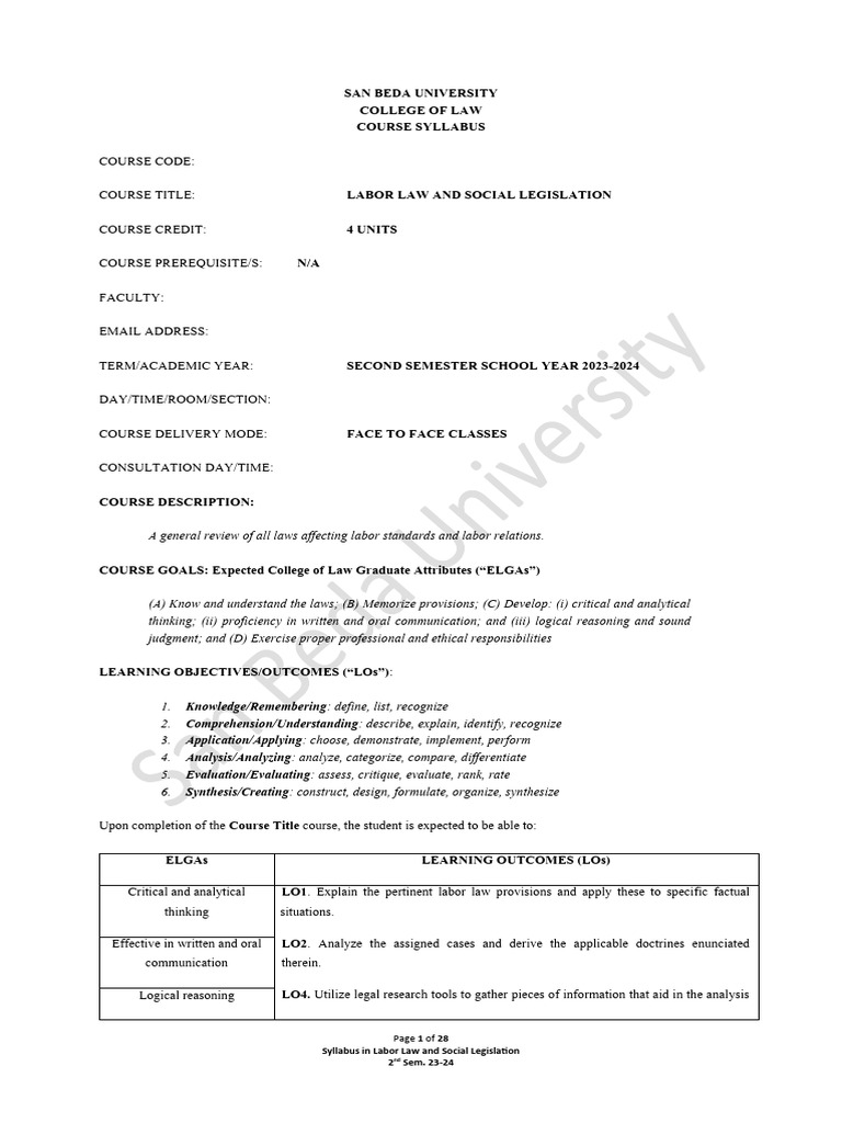 Labor Law and Social Legislation Syllabus | PDF | Employment | Labour Law