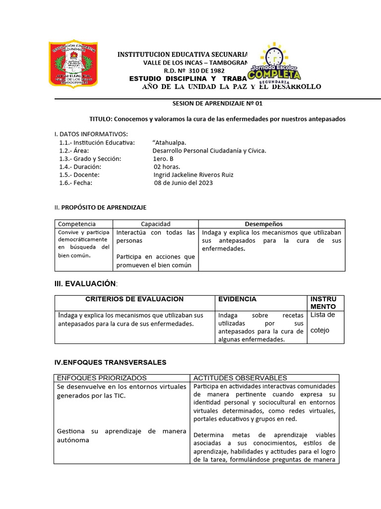 DPCC Proyecto 2 - Sesion 1° de Secundaria | PDF | Aprendizaje | Evaluación