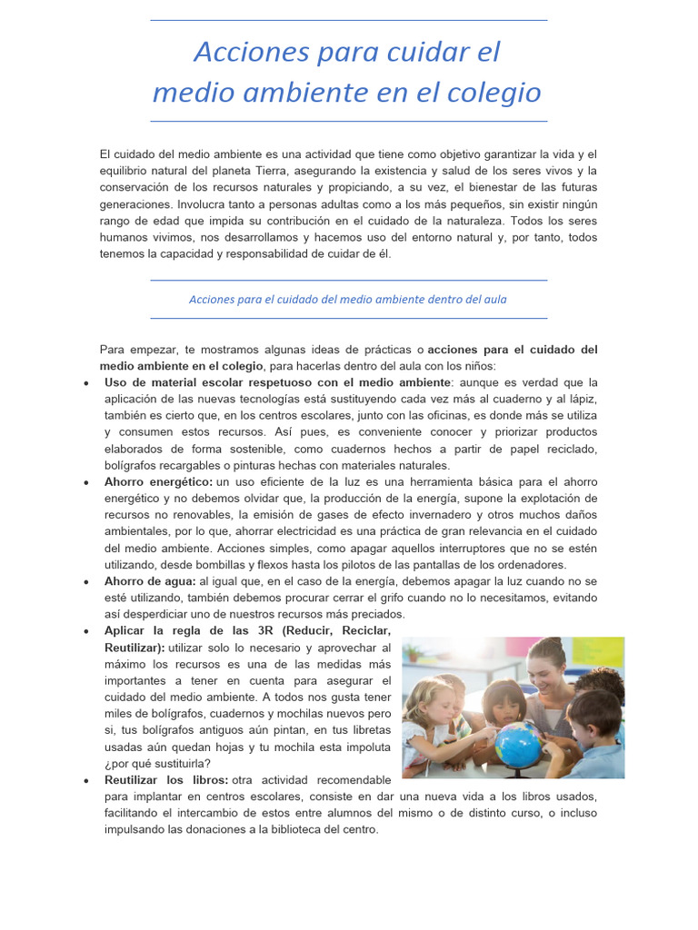 Acciones para cuidar el medio ambiente escolar | PDF | Entorno natural ...