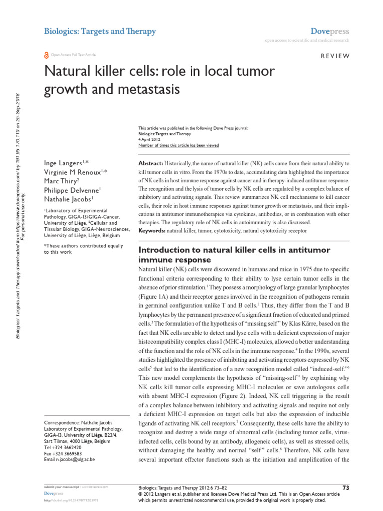 Natural Killer Cells: Role in Local Tumor Growth and Metastasis ...