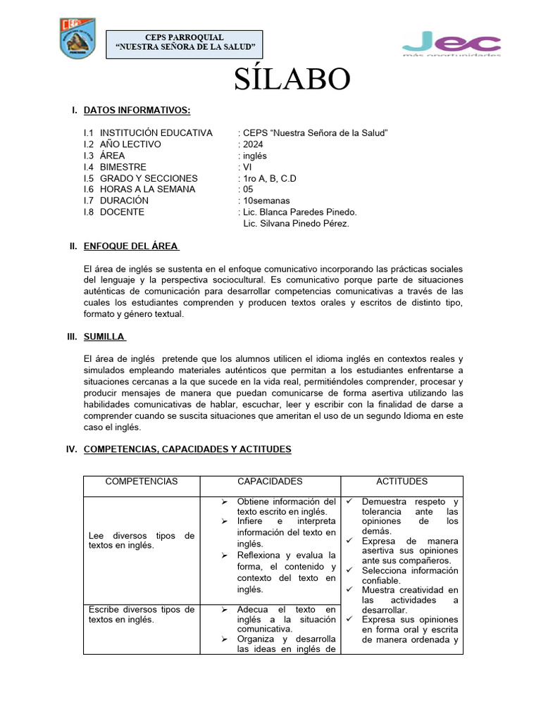 Sílabo de Inglés 1ro CEPS 2024 | PDF | Comunicación humana