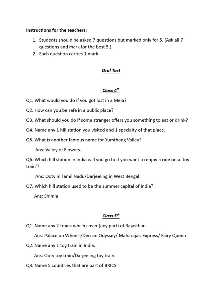Class 4 & 5 Oral Test Questions | PDF