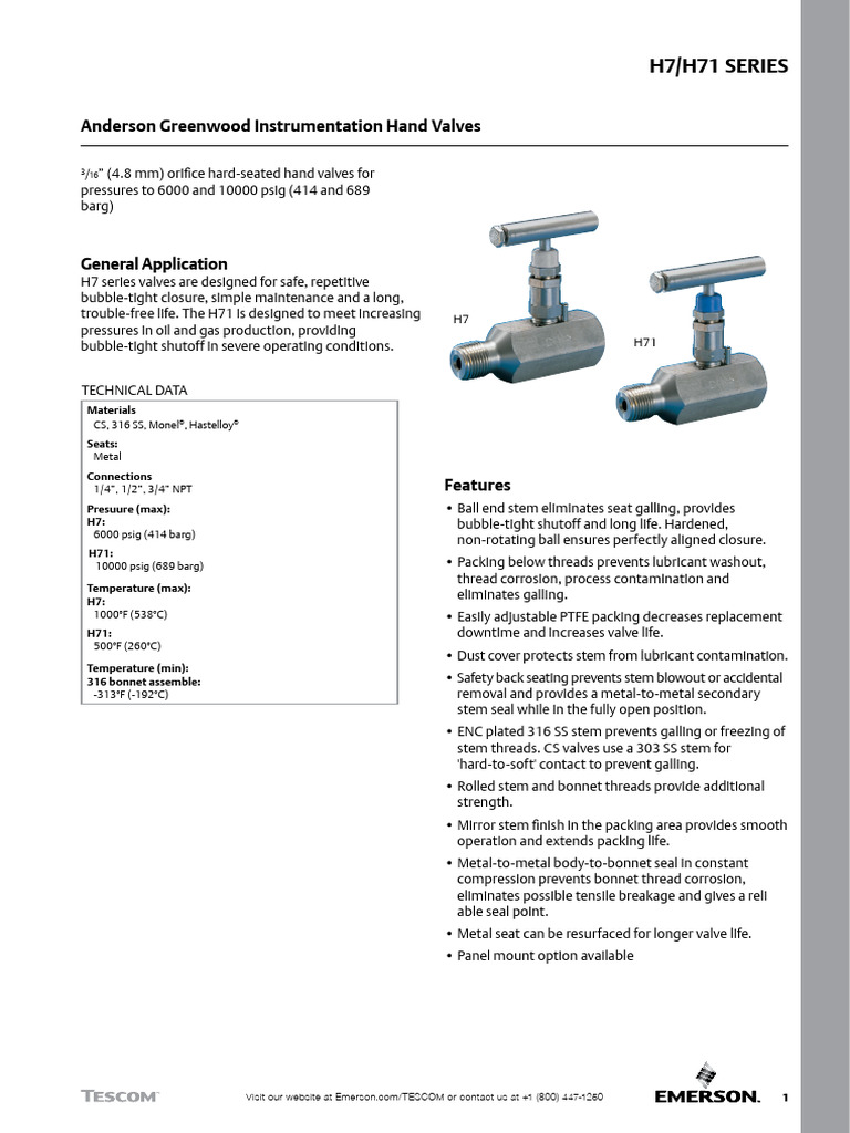 Catalog h7 h71 Series Hand Valves Tescom Agi en 5469136 | PDF