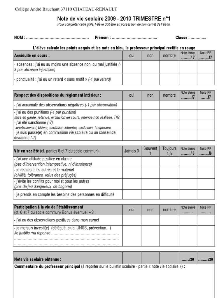 Grille Note Vie Scolaire