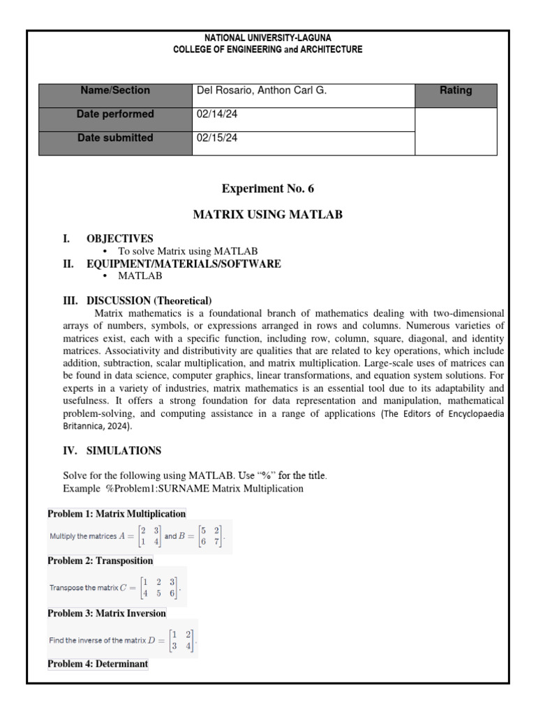 Ennuma1l experiment6 numericals matlab matrix pdf matrix
